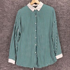 Shop The Trends Shirt Women M Green White Striped Long Sleeve Back Tie Button Up